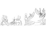 Egyptian composite animals. Left: Man with lions head, with an eagel, and lamb with four wings. Right: Man with wings and snake with lions head and wings.